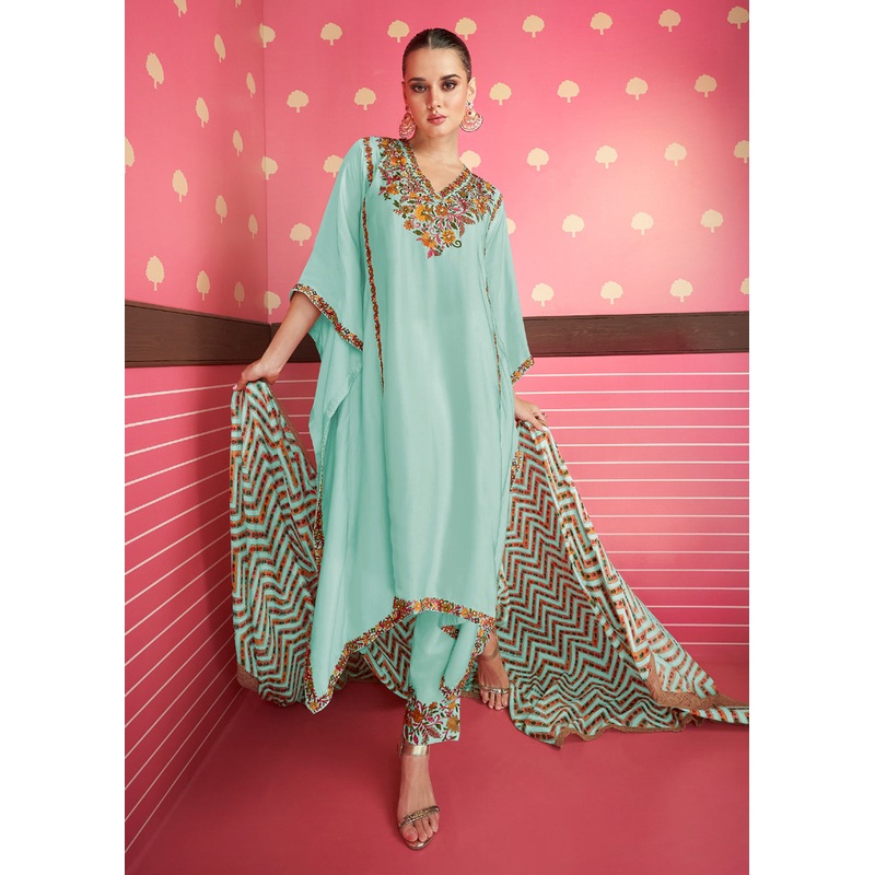 Aqua Blue Silk Satin Kaftan Style Chinon Pant Style Suit