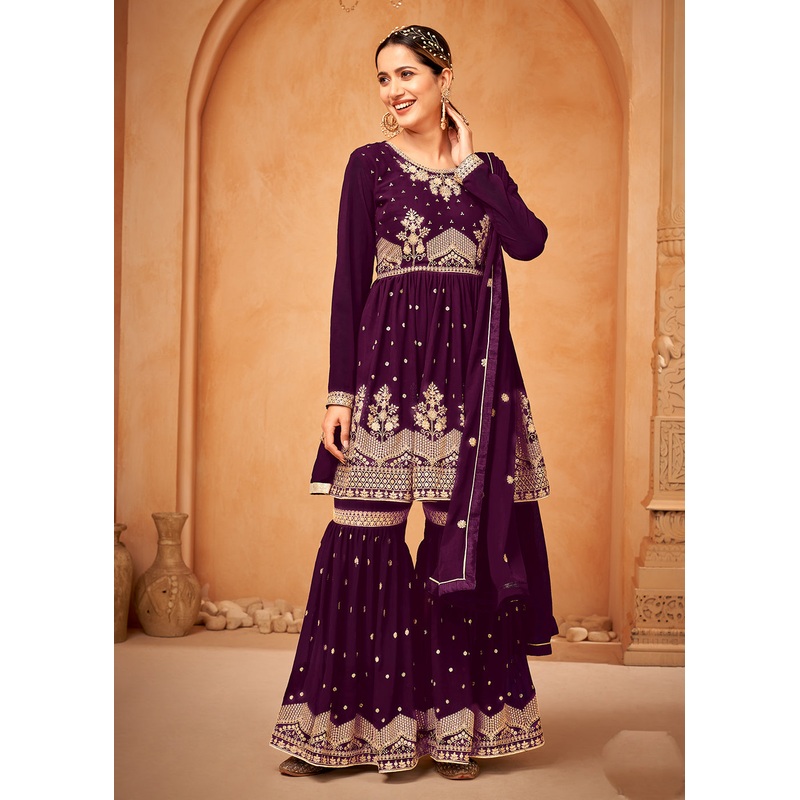Awesome Purple Embroidered Wedding Festive Gharara Suit