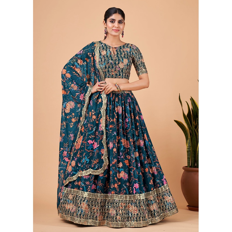 Awesome Teal Blue Floral Printed Georgette Lehenga Choli