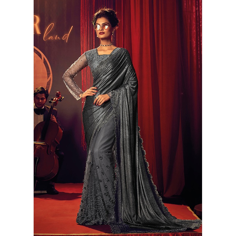 Bridal Party Amazing Grey Premium Net Designer Saree