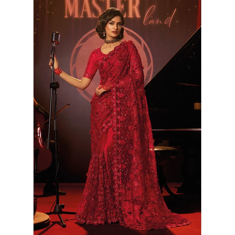Bridal Party Charismatic Red Premium Net Designer Saree