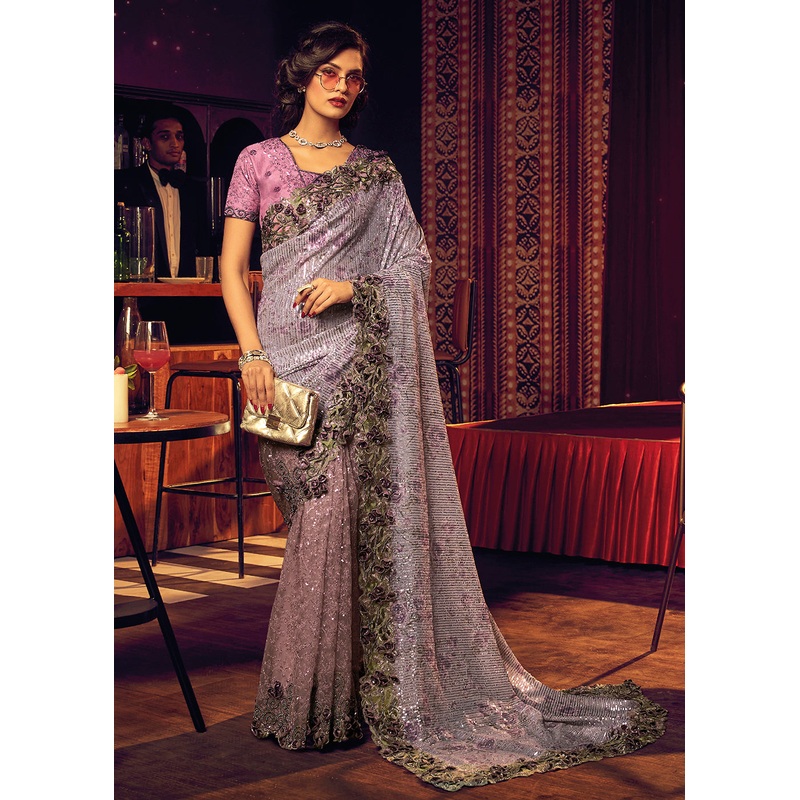 Bridal Party Divine Purple Premium Net Designer Saree