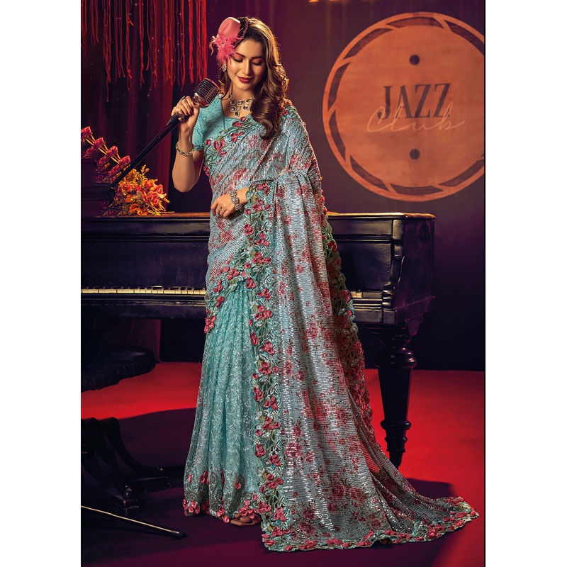 Bridal Party Luminous Sea Green Premium Net Designer Saree