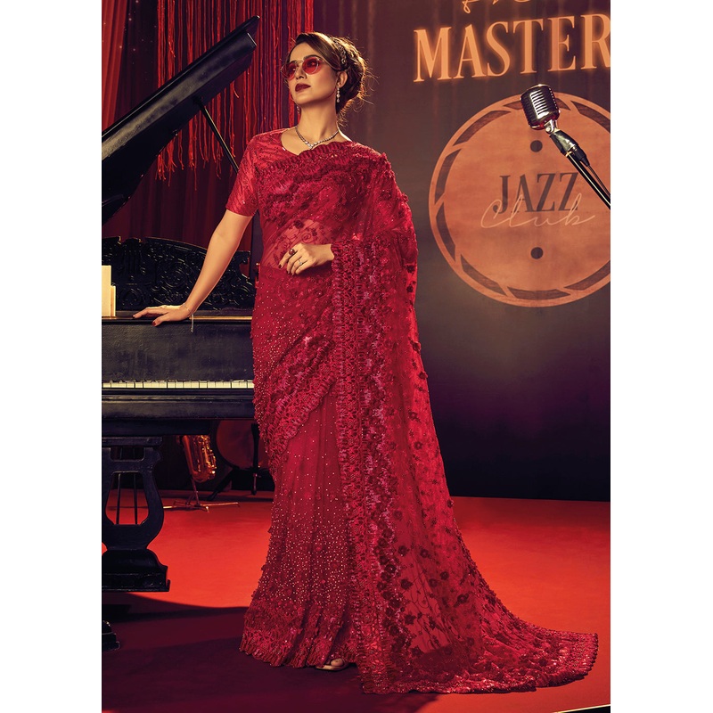 Bridal Party Luxurious Red Premium Net Contemporary Saree
