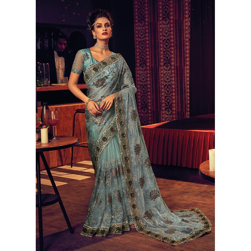Bridal Party Phenomenal Sea Green Premium Net Designer Saree