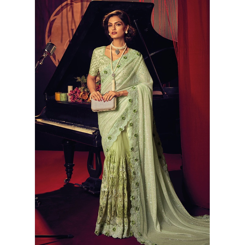 Bridal Party Pista Green Premium Net Designer Saree