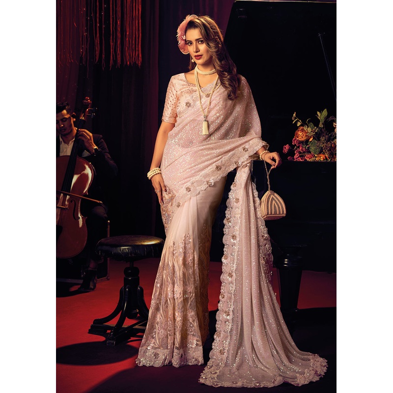 Bridal Party Pretty Peach Premium Net Classic Saree