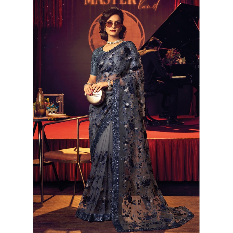 Bridal Party Vintage Grey Premium Net Designer Saree