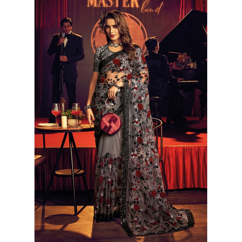 Bridal Party Vivacious Grey Premium Net Designer Saree
