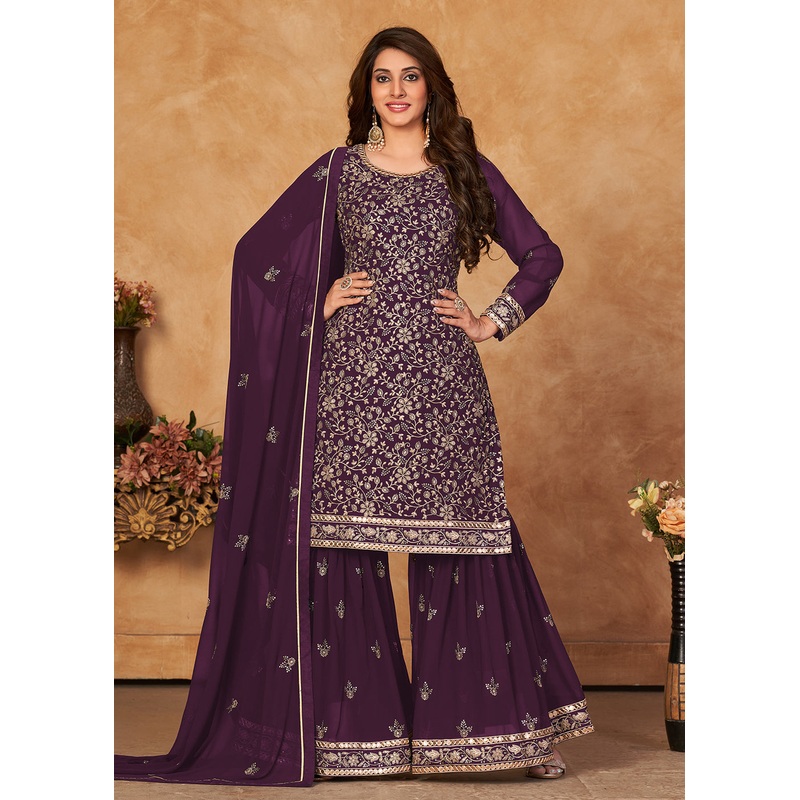 Brilliant Plum Purple Embroidered Ceremonial Gharara Suit