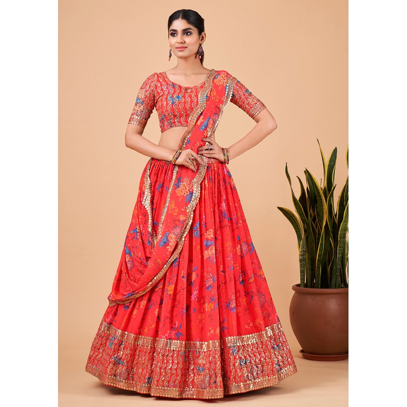 Captivating Bright Red Floral Printed Georgette Lehenga Choli
