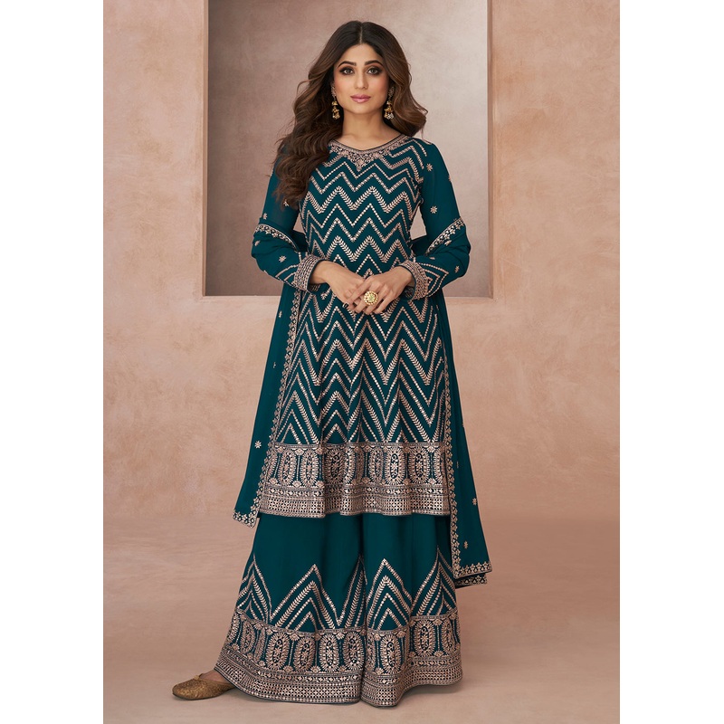 Charming Festive Look Teal Georgette Palazzo Style Suit