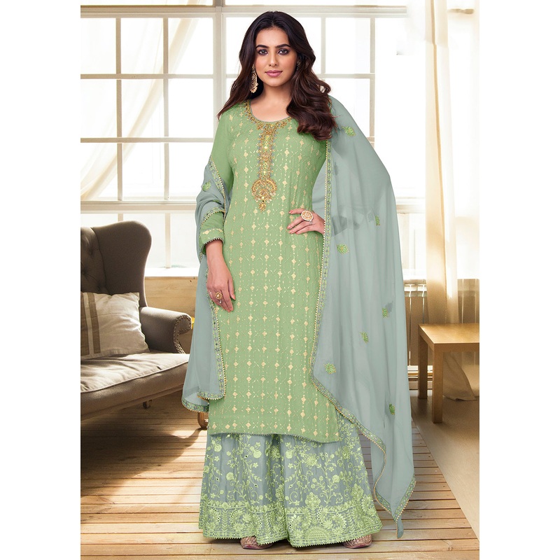 Charming Light Green Heavy Chinon Embroidered Palazzo Kurta Set