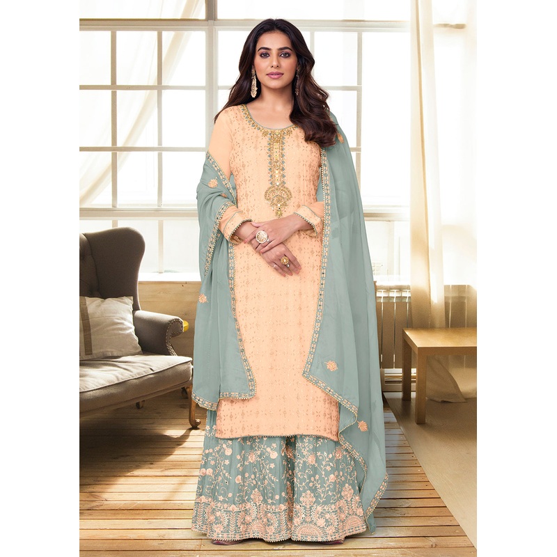 Charming Light Peach Heavy Chinon Embroidered Palazzo Kurta Set