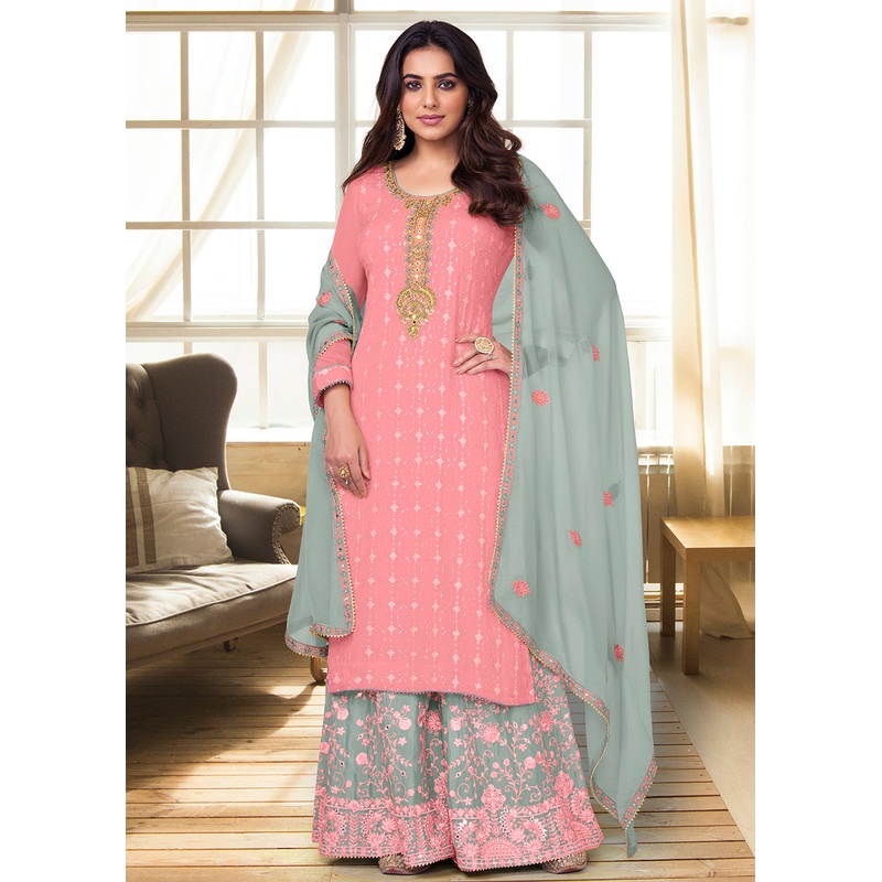 Charming Light Pink Heavy Chinon Embroidered Palazzo Kurta Set