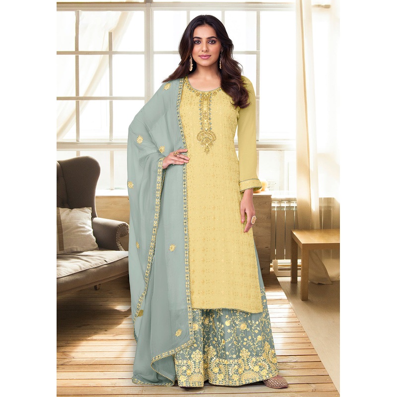 Charming Light Yellow Heavy Chinon Embroidered Palazzo Kurta Set