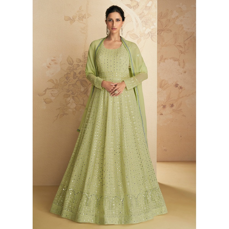 Chikankari Style Green Traditional Work Festive Anarkali Gown