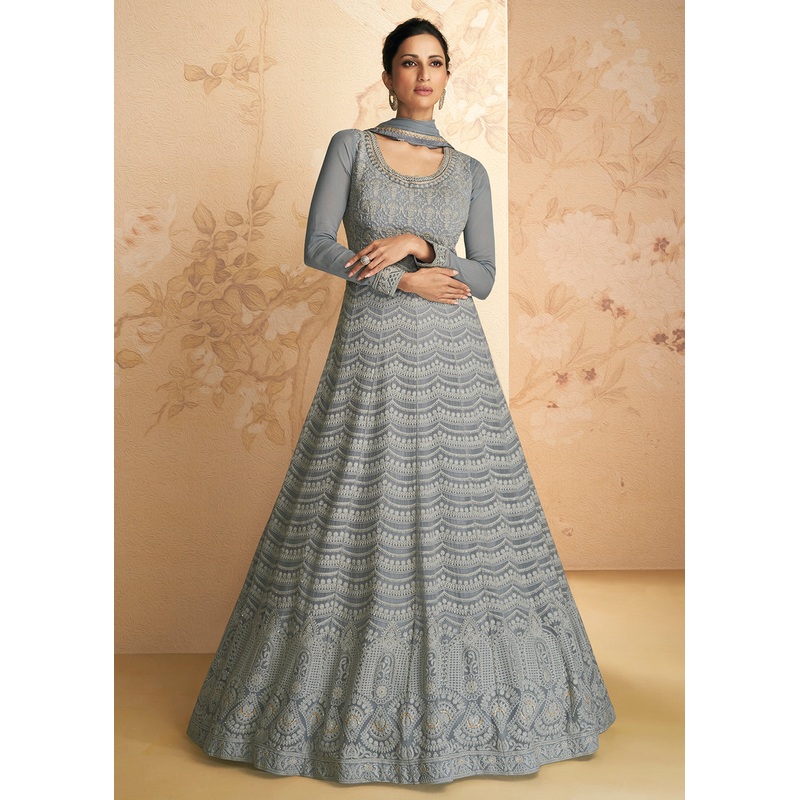 Chikankari Style Grey Traditional Work Festive Anarkali Gown
