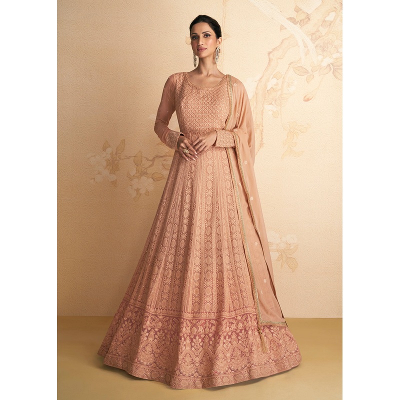 Chikankari Style Peach Traditional Work Festive Anarkali Gown