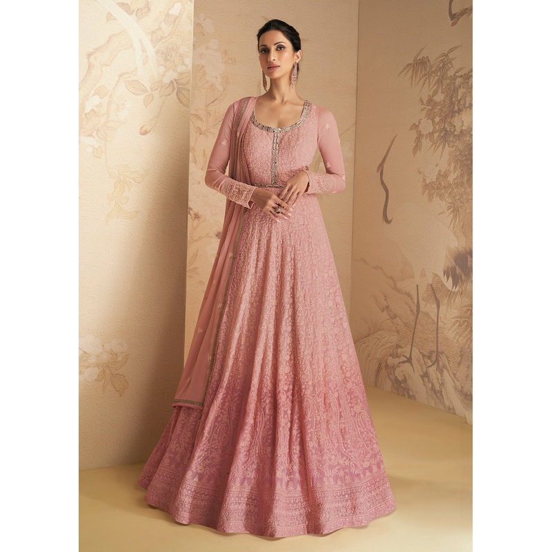 Chikankari Style Pink Traditional Work Festive Anarkali Gown