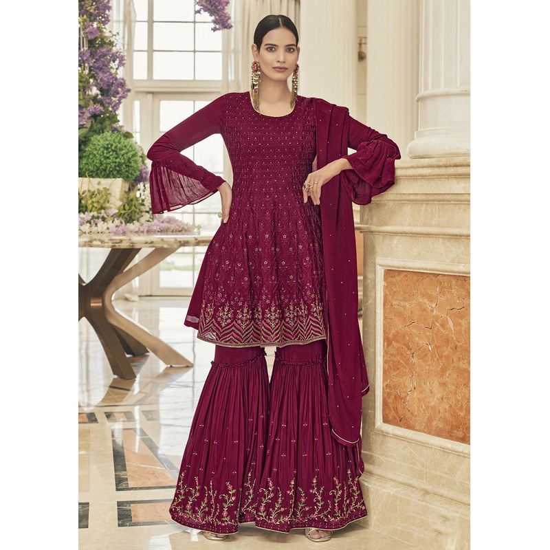 Chinon Silk Blazing Hot Pink Zarkan Embroidered Gharara Suit
