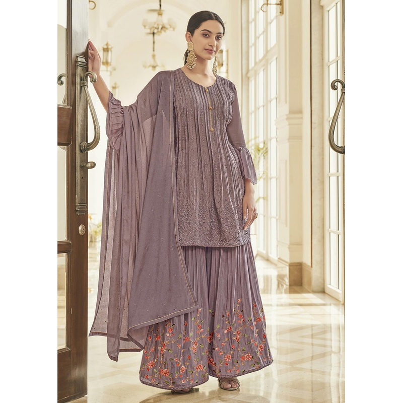 Chinon Silk Blazing Mauve Zarkan Embroidered Sharara Suit