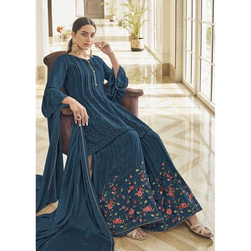 Chinon Silk Blazing Teal Blue Zarkan Embroidered Sharara Suit