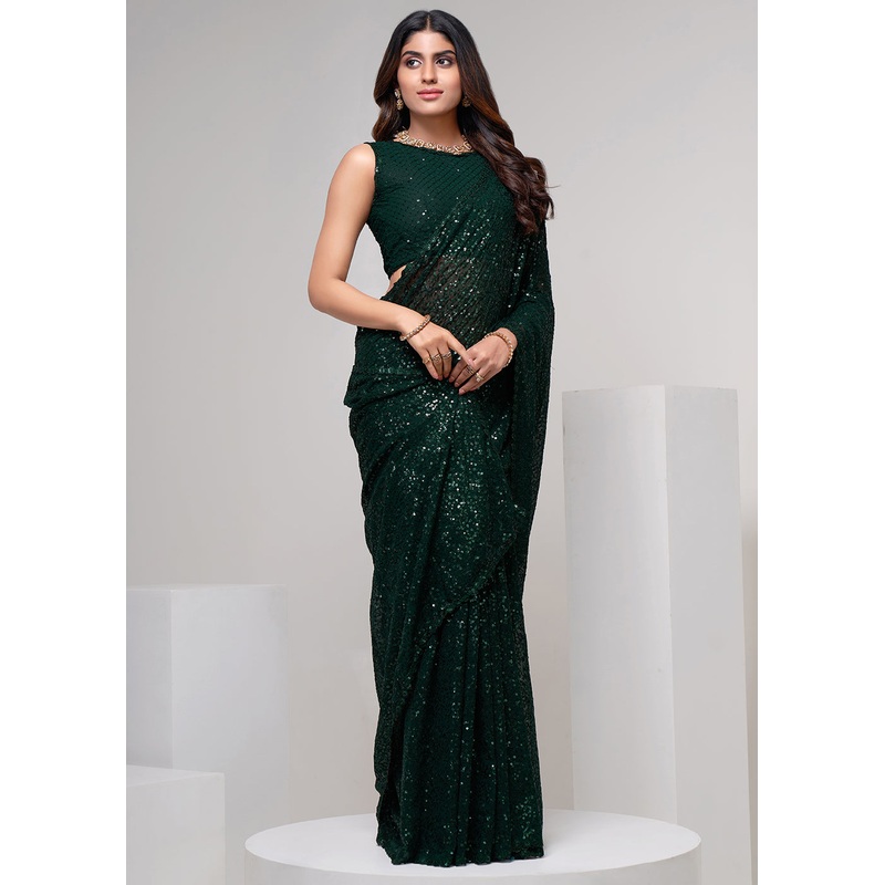 Dark Green Thread & Multi Sequins Work Party Wear Saree