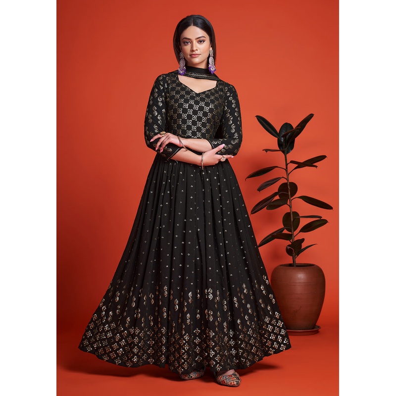 Designer Blooming Georgette Jade Black Long Anarkali Gown
