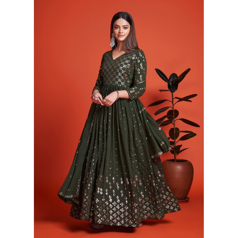 Designer Blooming Georgette Mahendi Green Long Anarkali Gown