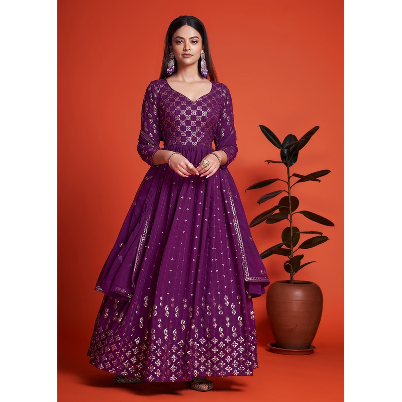 Designer Blooming Georgette Plum Purple Long Anarkali Gown