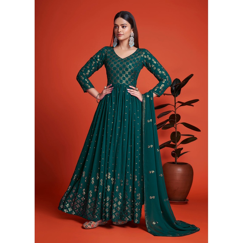 Designer Blooming Georgette Rama Blue Long Anarkali Gown
