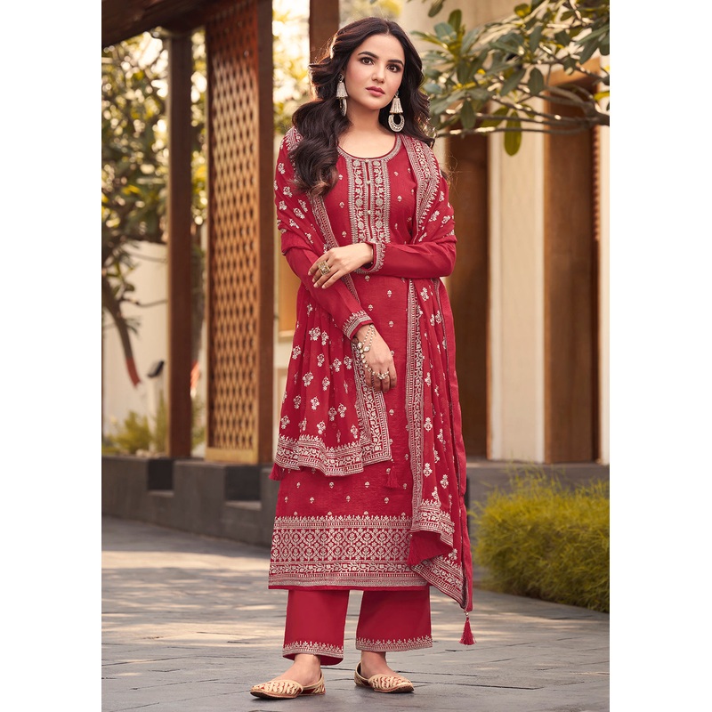 Dola Silk Beguiling Red Embroidered Festive Salwar Suit
