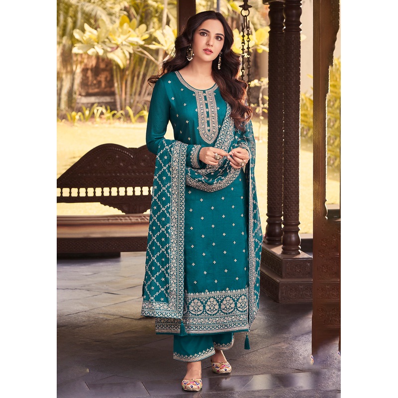Dola Silk Charming Turquoise Embroidered Festive Salwar Suit