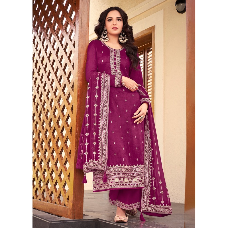 Dola Silk Exquisite Magenta Embroidered Festive Salwar Suit