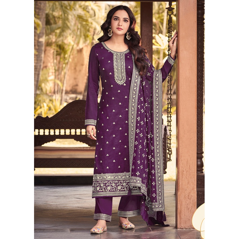 Dola Silk Fanciable Violet Embroidered Festive Salwar Suit