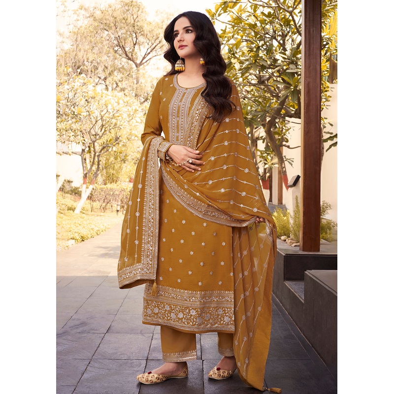 Dola Silk Pretty Mustard Embroidered Festive Salwar Suit