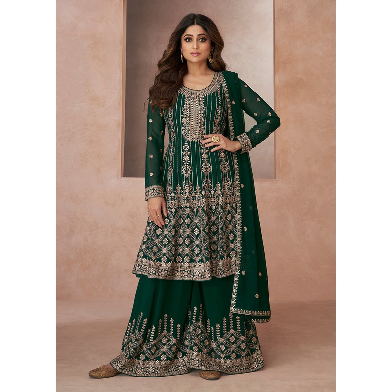 Elegant Festive Look Green Georgette Palazzo Style Suit