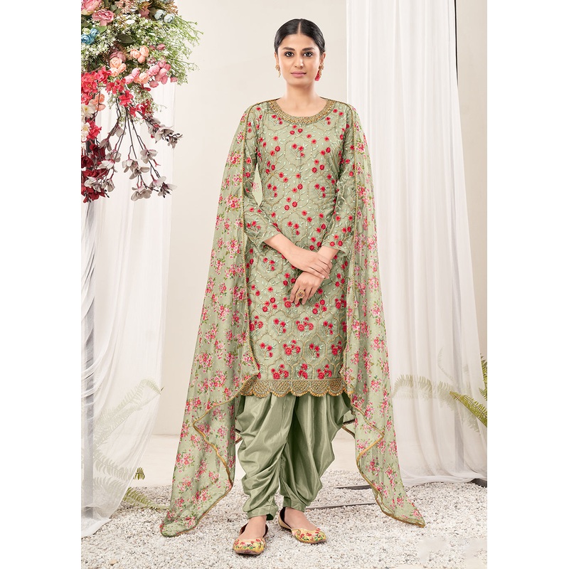 Exuberant Green Festive Look Net Patiala Salwar Suit