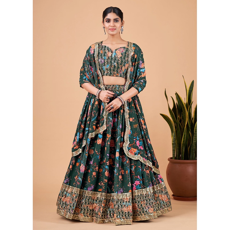 Fantastic Green Floral Printed Georgette Lehenga Choli
