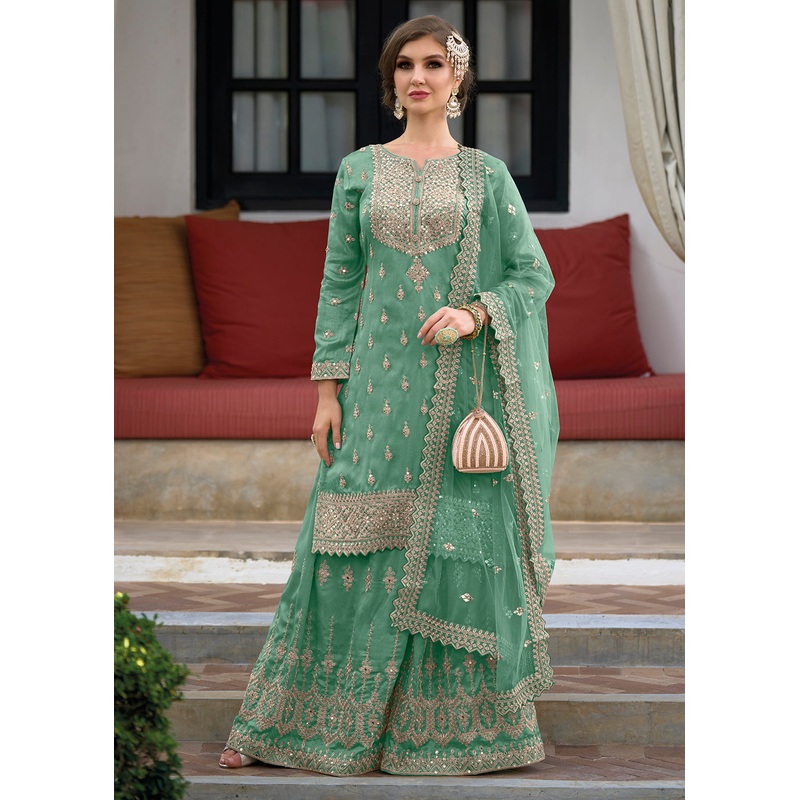 Festive Attractive Sea Green Heavy Silk Sharara Suit