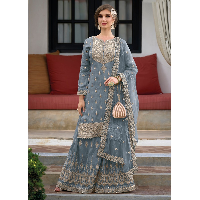 Festive Glam Bluish Grey Heavy Silk Sharara Suit