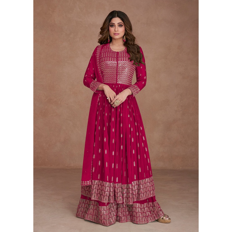 Festive Look Alluring Pink Zari Embroidered Palazzo Suit