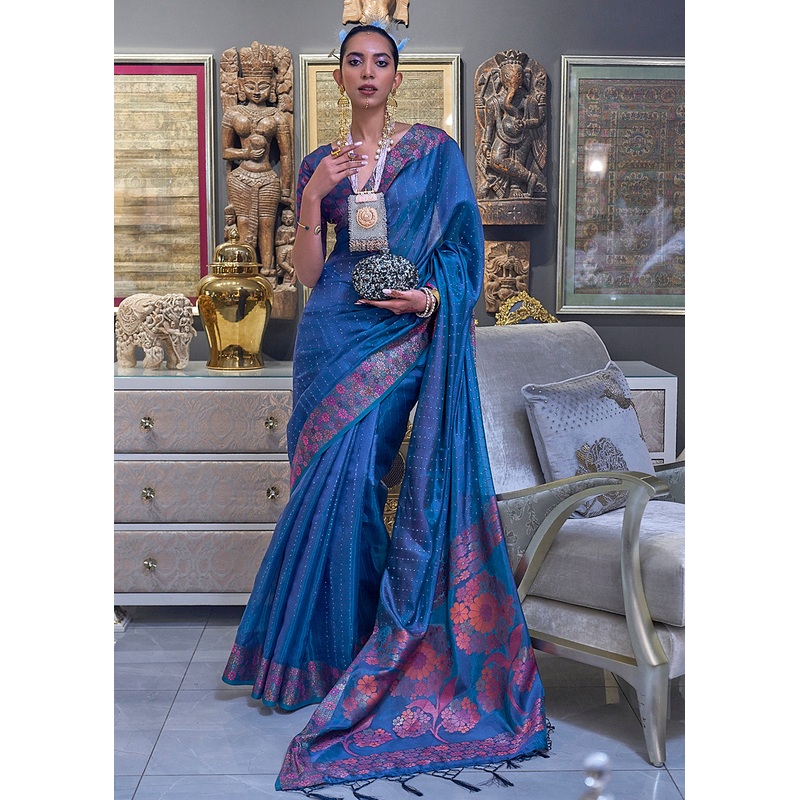 Festive Look Azure Blue Dual Tone Organza Silk Saree
