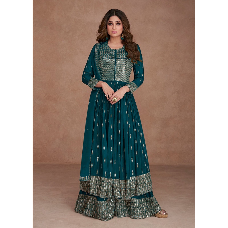 Festive Look Beauteous Turquoise Zari Embroidered Palazzo Suit