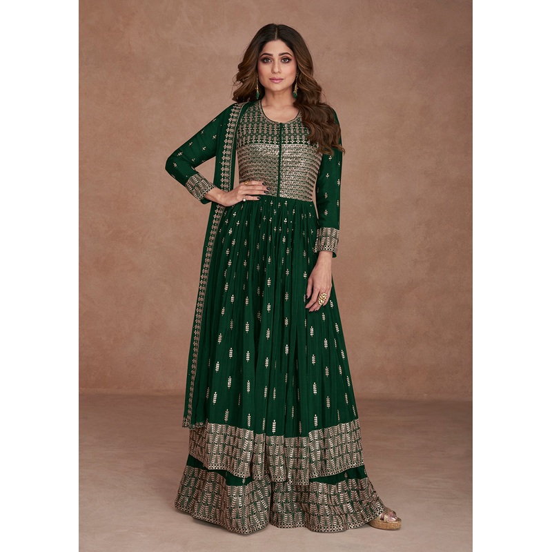 Festive Look Gorgeous Green Zari Embroidered Palazzo Suit