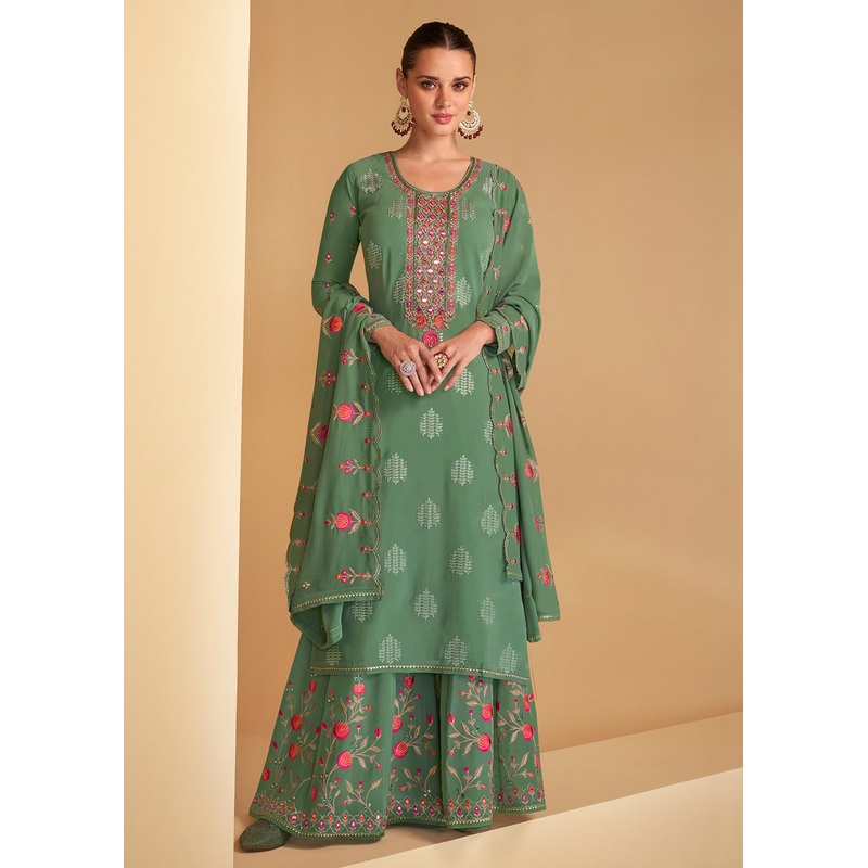 Festive Look Green Floral Embroidered Palazzo Style Suit