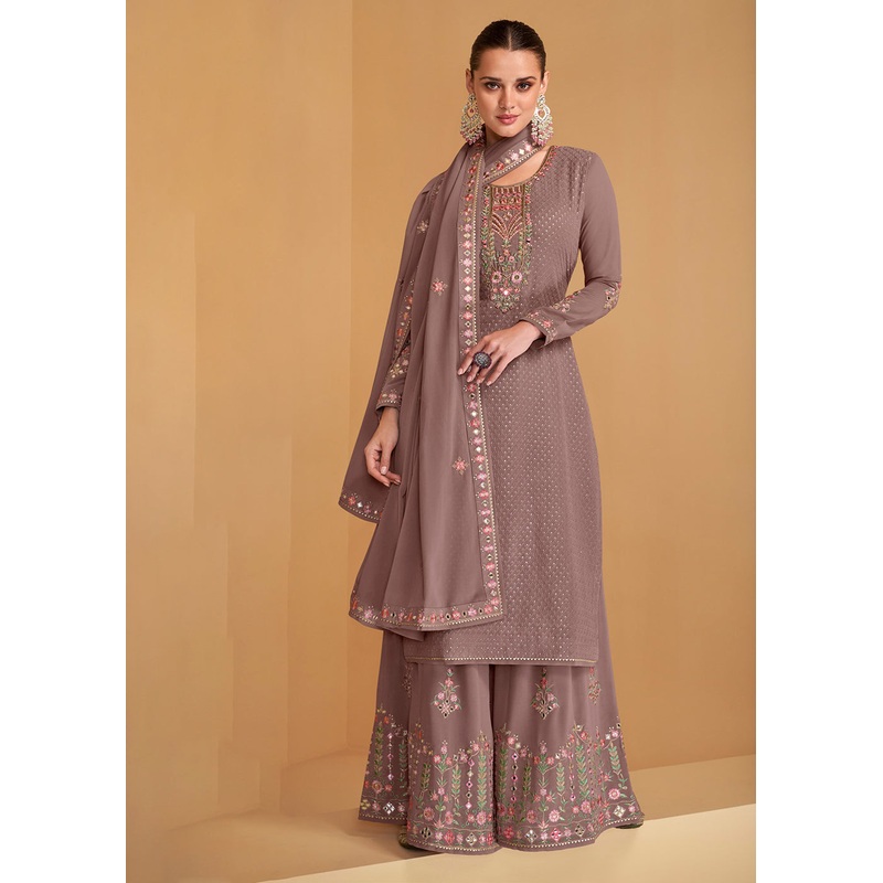 Festive Look Mauve Grey Floral Embroidered Palazzo Style Suit