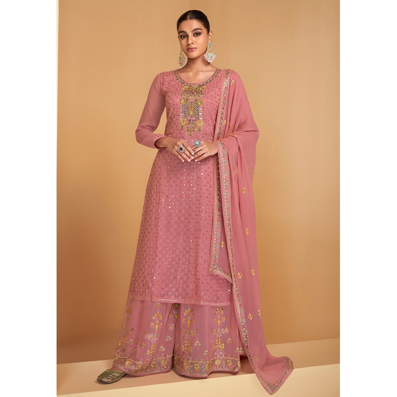 Festive Look Pink Floral Embroidered Palazzo Style Suit