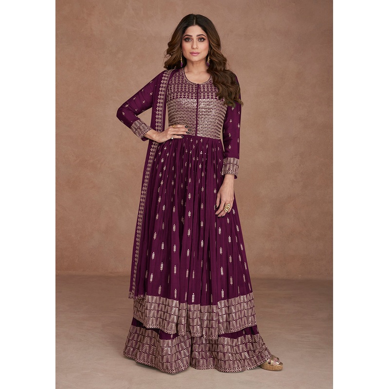 Festive Look Wonderful Plum Wine Zari Embroidered Palazzo Suit